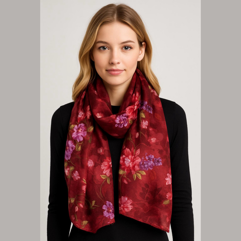 Floral Print Rectangular Scarf - Red with Purple and Pink Flowers - 25" x 10.5"